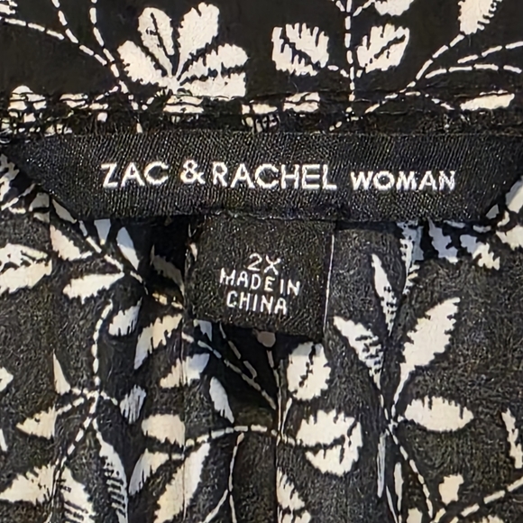 Zac & Rachel Blouse / Top Peasant Black White Floral 3/4 Puff Sleeve Size 2X - Picture 4 of 10